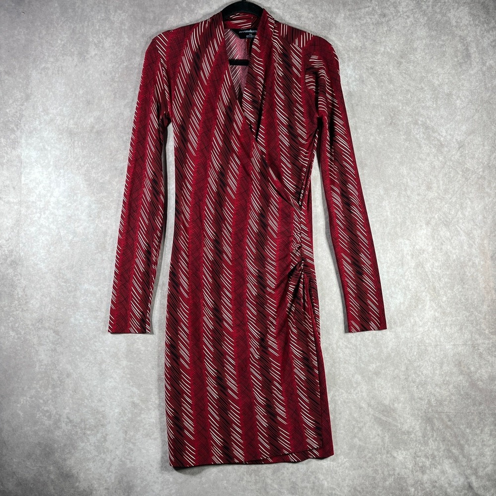 Norma Kamali Dress Womens Large Red Striped Long Sleeve Faux Wrap Work Office
